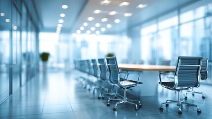 Large conference room features a sleek wooden table surrounded by ergonomic chairs, with panoramic windows revealing a vibrant city skyline and natural light flooding the space.