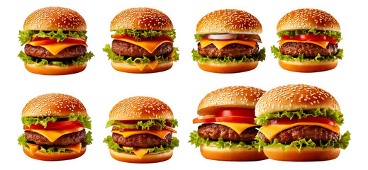 Fresh Delicious Burgers with Tasty Ingredients on White Background, Isolated on Transparent, white background