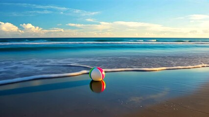 Colorful beach ball resting on wet sand at a serene ocean shore during sunset - Powered by Adobe