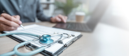 Fototapeta premium Health insurance concept. Healthcare and medical care. Life insurance policy. Medicine, Hospital, Stethoscope, Doctor. Patient business. Healthcare expense.
