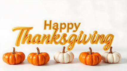 3D gold text Happy Thanksgiving floating above mini pumpkins, white backdrop