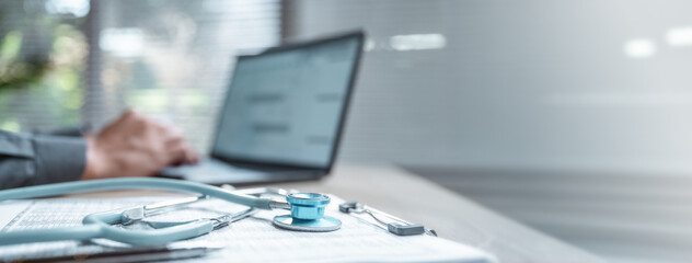 Health insurance concept. Healthcare and medical care. Life insurance policy. Medicine, Hospital, Stethoscope, Doctor. Patient business. Healthcare expense.