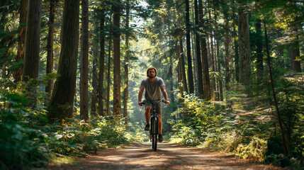 Obraz premium A man riding a bicycle on a forest trail, enjoying outdoor adventure, nature exploration, fitness activity, surrounded by trees, sunlight, and fresh air.