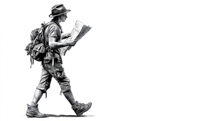 A grayscale figure of a hiker reading a map