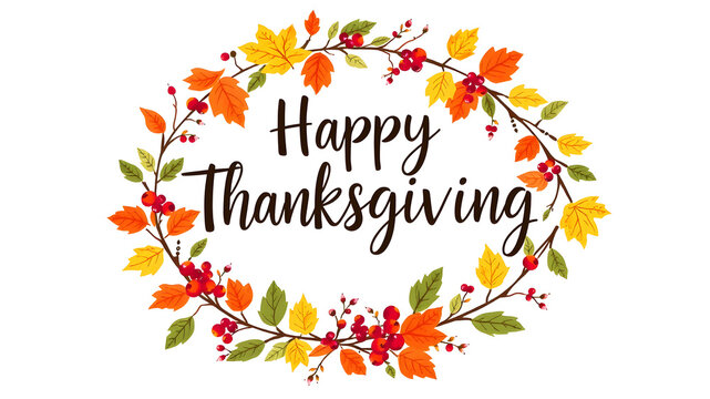 Hand-lettered Happy Thanksgiving in a wreath of fall foliage and berries