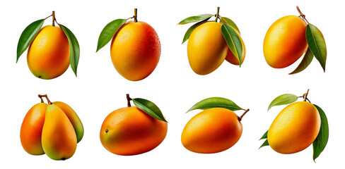 Fresh Mangoes with Green Leaves on Black Background, Tropical Fruit, Isolated on Transparent, white background