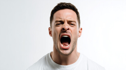 A man screaming loudly with natural expressive gesture, intense emotion visible on face, dynamic pose, conveying anger, frustration, or strong human reaction.
