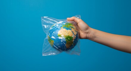 Conceptual image of a globe enclosed in a plastic bag, gripped by a hand on a vivid blue background.