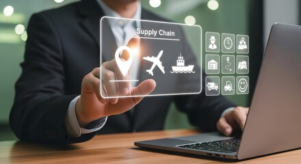 Executive navigates supply chain logistics with an advanced interface on laptop, showcasing modern management and distribution solutions for global business.
