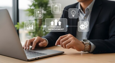 Process improvement strategy displayed virtually as a professional works at his laptop toward business process reengineering and automation.