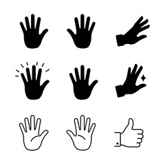 Hand icon. Palm hand icons. Hands symbol collection. Hands icon symbol of participate, volunteer, stop, vote. Vector stock graphic, flat style design illustration resource for UI and buttons.