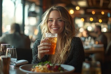 Woman at a restaurant holding a soft drink, enjoying her meal and the atmosphere in a casual dining setting, Generative AI