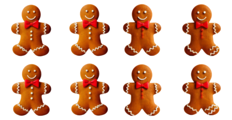 Sweet Gingerbread Cookies with Smiling Faces and Red Bow Ties, Isolated on Transparent, white background