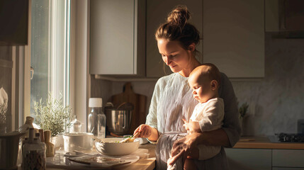 A mother cooking in the kitchen while holding her child, enjoying family time, multitasking, home life, warm atmosphere, daily routine, love and care, domestic scene.