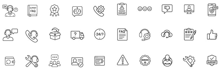 Essential App and Service Stroke Icon Set. Containing Communication, Delivery, Search, Entertainment, and Alert Symbols. Editable Outline Icons.