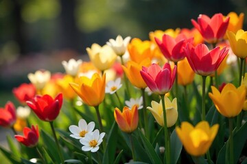 Bountiful Spring Flowers Blooming in Vibrant Garden Bed Lush Colorful Floral Display Perfect for Nature Websites, Gardening Blogs, and Spring Themes