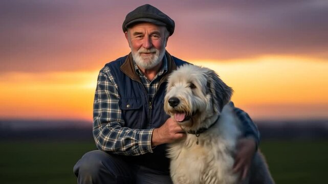 Elderly man with long white beard, wearing a newsboy cap and plaid shirt, kneels in a field at sunset, petting his fluffy, large, white and grey dog