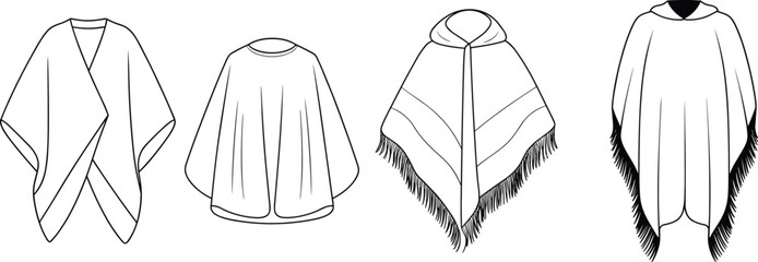 Poncho Kimono Cape Shawl Fashion CAD Vector Flat Sketch Top View Template