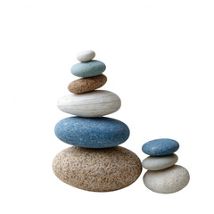 A stack of smooth stones in various colors and sizes, symbolizing balance and harmony against a white isolated background.