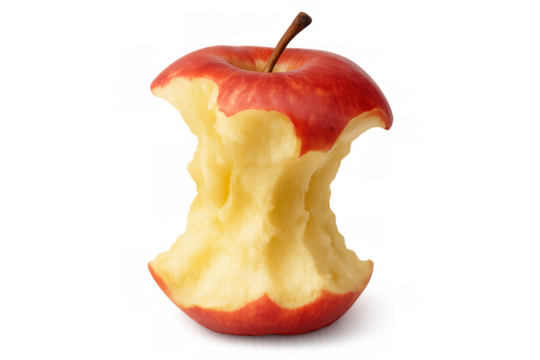 Partially eaten red apple core lying on clear surface, representing mindful consumption and nutritional awareness