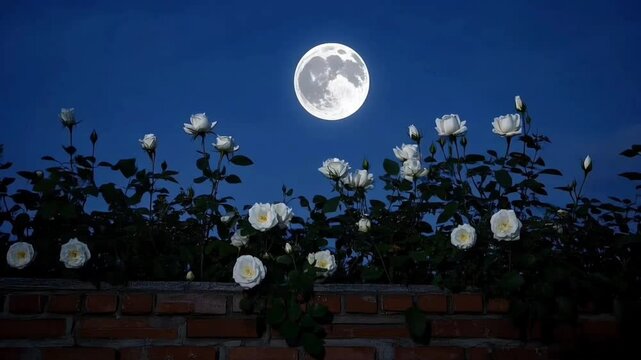 A row of beautiful white roses blooms along a brick wall under a night sky with a full moon. A classic, romantic, and elegant garden scene.