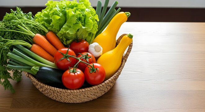 Freshly Harvested Vegetables in Wicker Basket on Wooden Tabletop