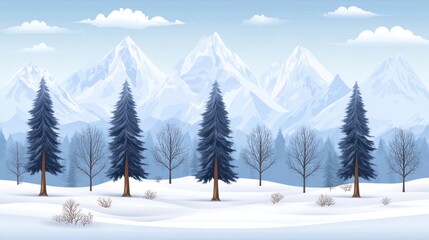 Fototapeta premium Serene Winter Landscape: Snowy Mountains, Evergreen Trees, and Blue Sky.