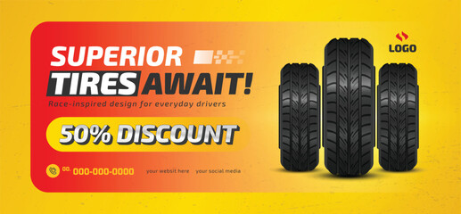 Tire shop banner template with discount offer, auto repair shop banner design