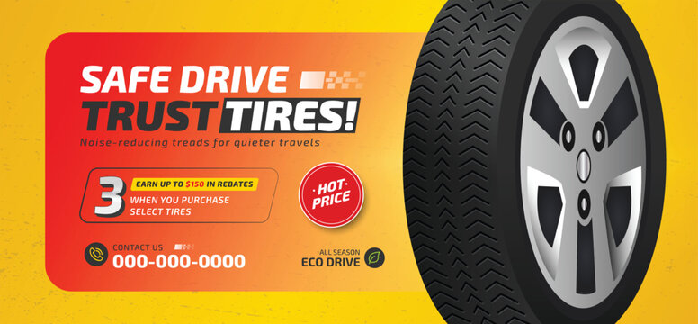 Tire shop banner template with discount offer, auto repair shop banner design