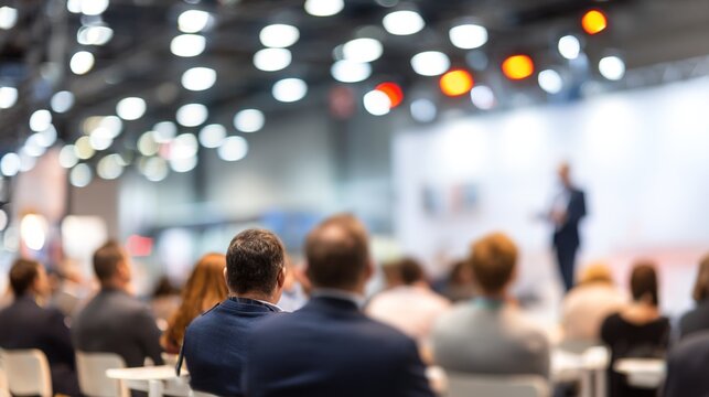 Tech professionals attentively listening to a keynote speaker on stage at modern conference hall. Business seminar, corporate training, professional education and career development concepts.
