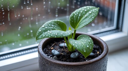 Green plant leaves with water droplets on windowsill during rain