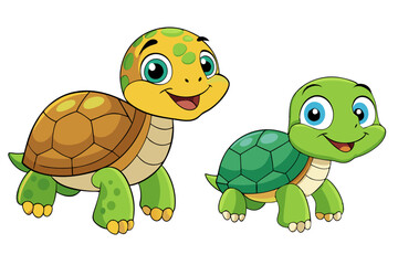 Obraz premium Cute cartoon smiling turtles. Funny little animals, walking, swimming, sleeping isolated on white background