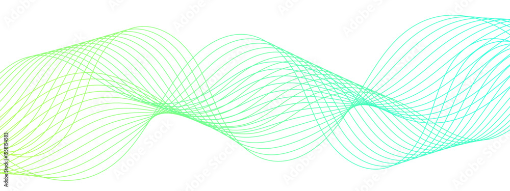 Poster Abstract wave design with a series of flowing, overlapping sinusoidal curves in a gradient. Clean white background, with wave line with sense of motion and fluidity. Sound waves or light frequencies