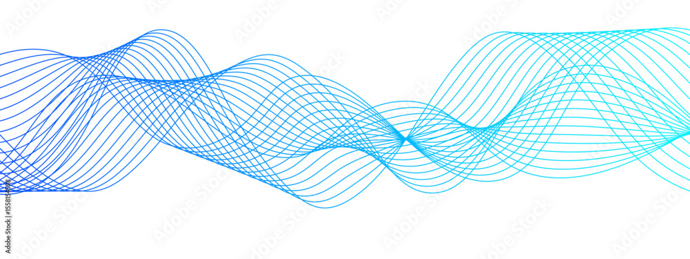 Poster Abstract wave design with a series of flowing, overlapping sinusoidal curves in a gradient. Clean white background, with wave line with sense of motion and fluidity. Sound waves or light frequencies
