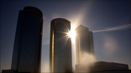 Three tall reflective glass skyscrapers with sunburst effect, warm golden sunlight highlighting edges, deep blue sky, wispy clouds, urban cityscape, dramatic light and shadow.