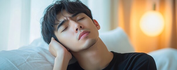 Sore throat in the flu season, young Asian man touching his neck and feeling pain in his throat in the bedroom at home., Generative AI