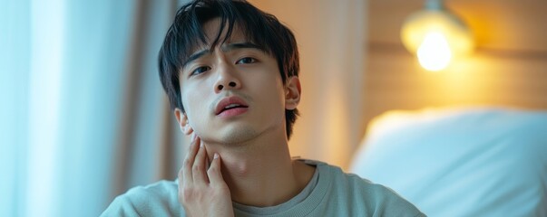 Sore throat in the flu season, young Asian man touching his neck and feeling pain in his throat in the bedroom at home., Generative AI