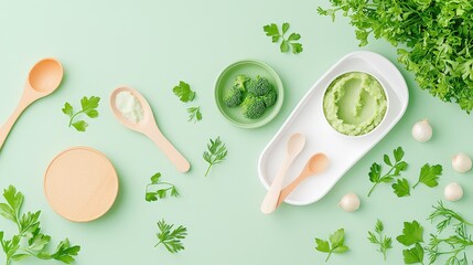 A cozy baby food prep station featuring miniature utensils, trays of mashed veggies, and soft textures, evoking a sense of care and homey warmth