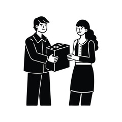 Delivery man gives package to a happy customer in a minimalist style