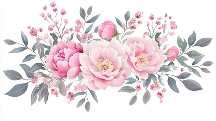 Fototapeta premium A dreamy pink watercolor peony bouquet, softly lit with pastel tones and delicate brushwork, isolated on white, full depth of field