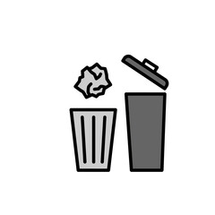 Trash Can Icon: Minimalist Gray Style, Crumpled Paper Discarding, Waste Disposal Concept, Clean and Efficient Design.