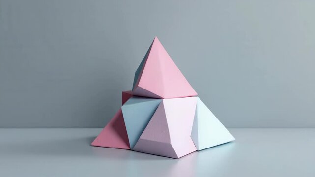 A pastel-colored stack of geometric pyramids sits on a smooth surface against a light background.