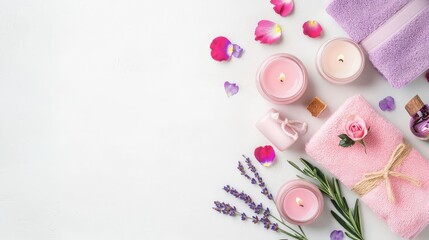 A spa-themed Valentines Day gift card mockup featuring soft pink and lavender towels, rose petals, and candles, styled on a white surface