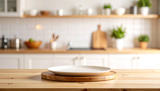 Close-up of an empty plate on a countertop against a blurry modern kitchen backdrop. A space with empty plates to hold food.