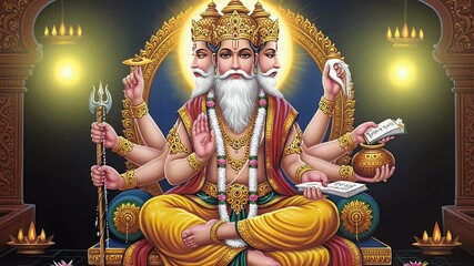 Multi-headed deity, richly adorned, seated on a throne, surrounded by decorative elements and lights