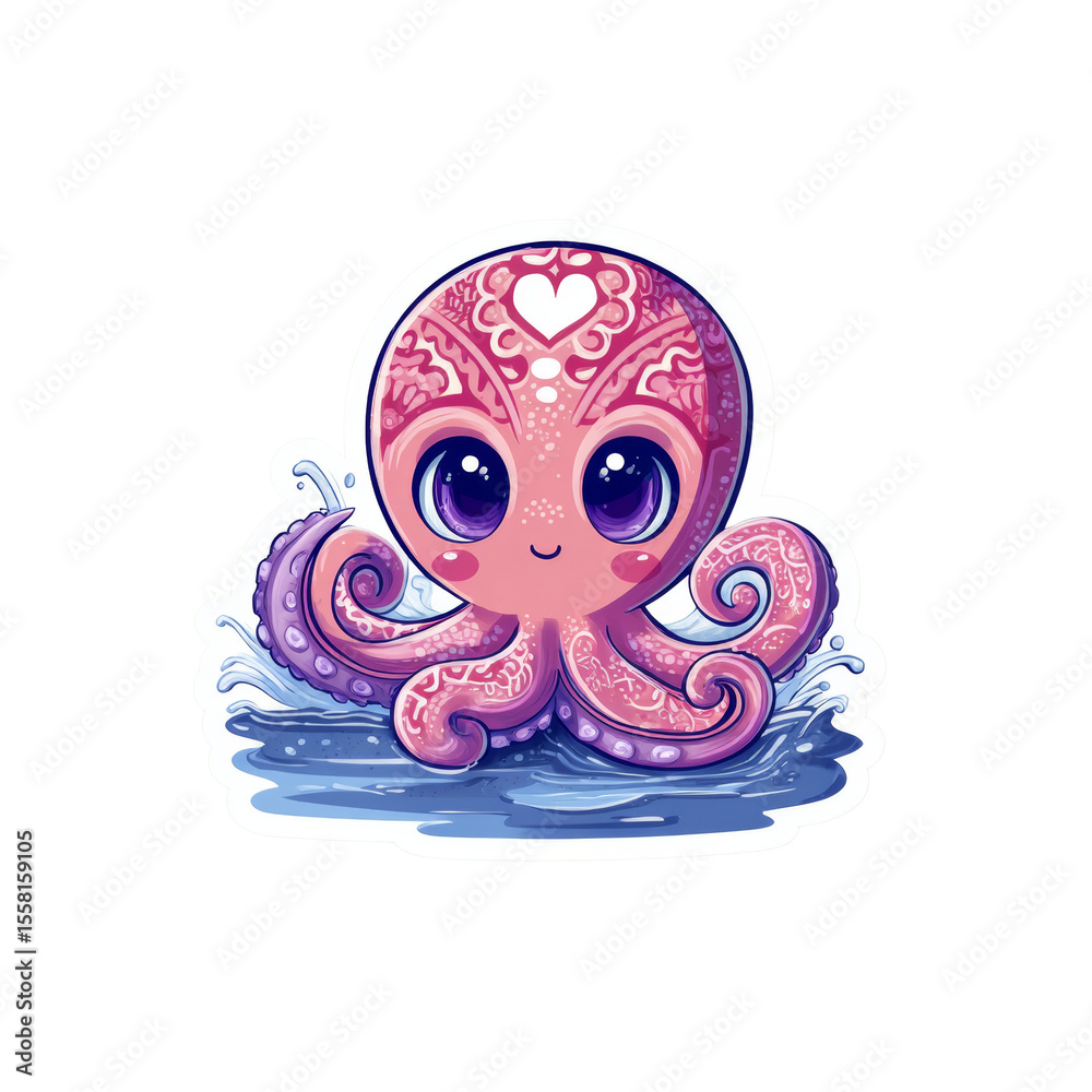 Aufkleber whimsical octopus character illustration floating on water with intricate patterning