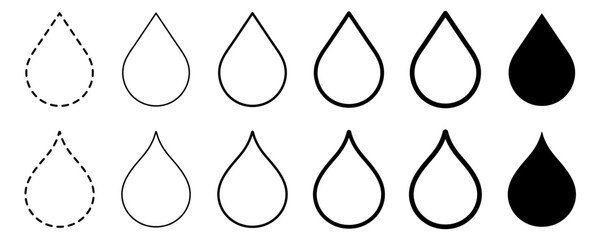 Simple water, blood and oil drop icon set in different outlines. Drop icon vector set. Blood, water, oil and ink drop icons vector design template. Liquid drop Vector illustration. Editable stroke
