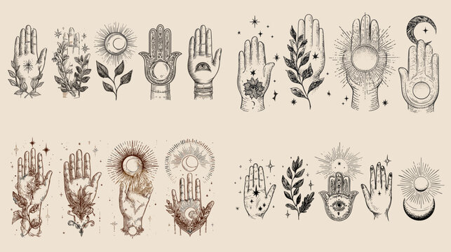 Mystical hand symbols with celestial, plant, and energy motifs in vintage and spiritual style, ideal for tattoo art, esoteric branding, or metaphysical content.

