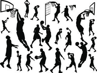 Basketball player dunk silhouette vector set dynamic poses