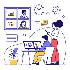 Illustration of a virtual meeting with colleagues and team collaboration in a modern office setting